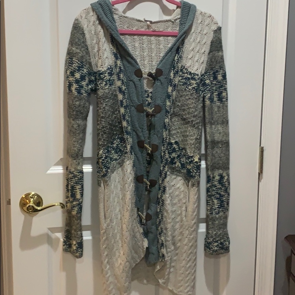 Free People Wool Hooded Toggle Long Sweater